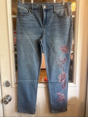 Chico's Medium Blue Skinny Jeans with Pink/ Purple Floral Embroidery